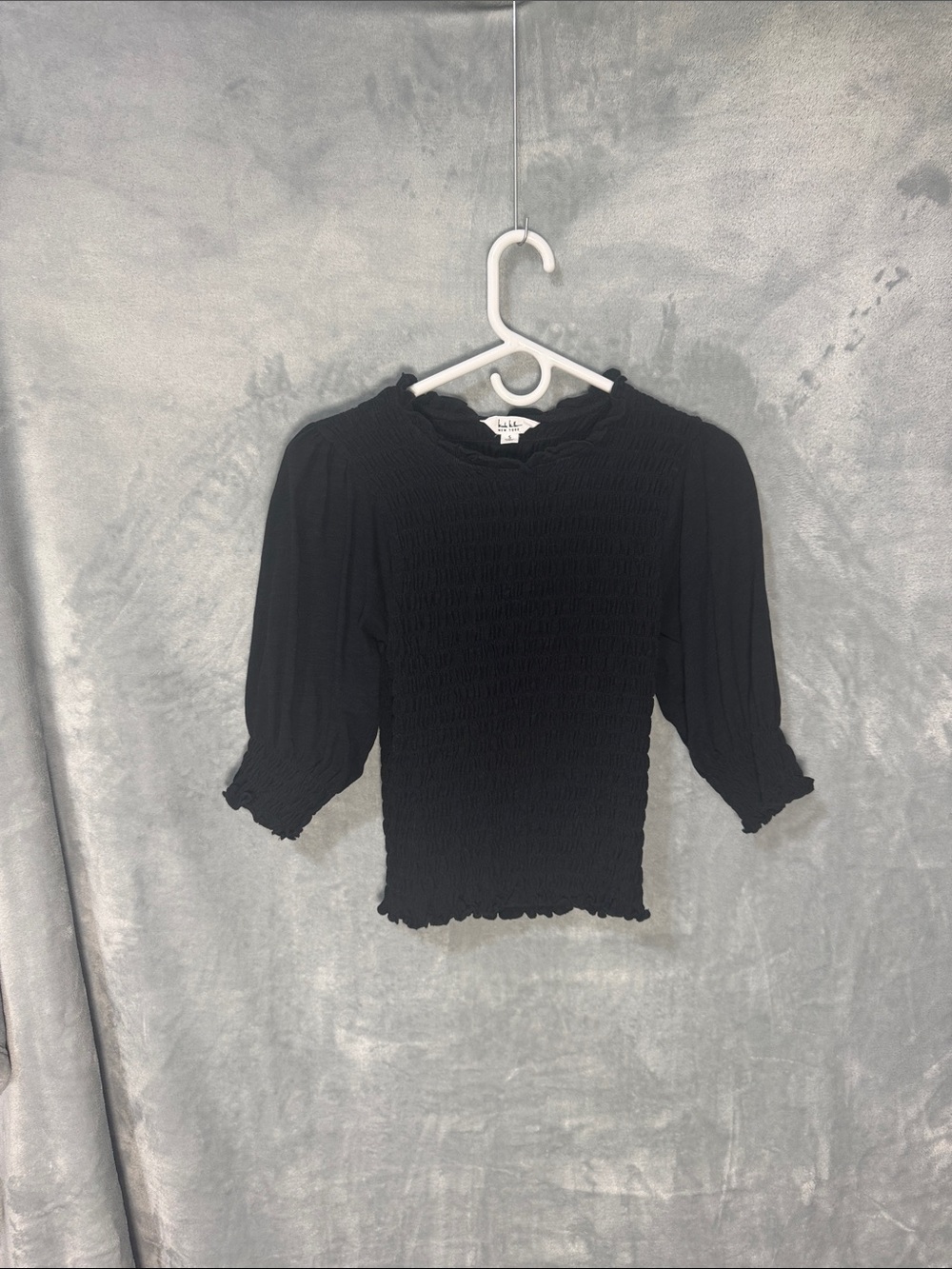 Nicole Miller Black Smocked Puff Sleeve Top